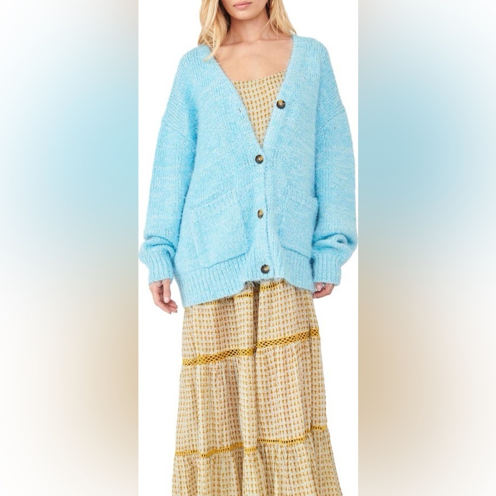 Free People Butterfly Aqua Fuzzy Knit Oversized V-Neck Cardigan XS S M Pockets